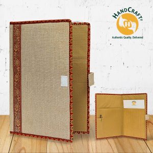 FF 011 composite: beige cover with a red-and-gold floral side band and patterned edging; interior inset with two pockets, a pen holder, pen and paper.