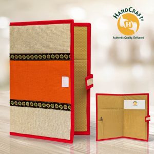 FF 014 composite: orange and light neutral cover, two floral bands and red edging; inset with two pockets, a pen holder, pen and paper.