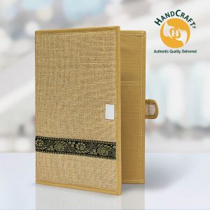 FF 002 partly open beige folder with a black-and-gold floral band, mustard edging and paired hook-and-loop patches on the front and rounded tab.