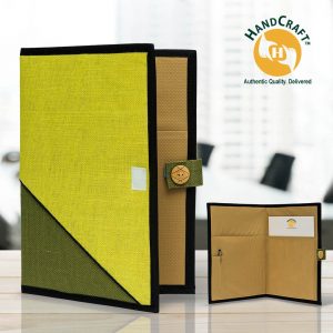 FF 005 B composite: yellow and olive diagonal panels, black edging and button on side tab; inset shows two pockets, a pen holder, pen and card.