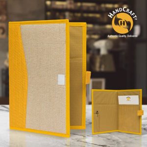 Composite showing FF 007 B with a curved yellow side panel and beige front; its interior inset shows two pockets, a pen holder, pen and paper.
