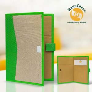 Composite showing FF 007 C with a curved green side panel and beige front; its interior inset shows two pockets, a pen holder, pen and paper.