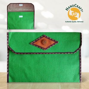 Green jute file envelope with a brown diamond accent, centre button and floral-patterned binding; an inset shows paired hook-and-loop fastening patches.