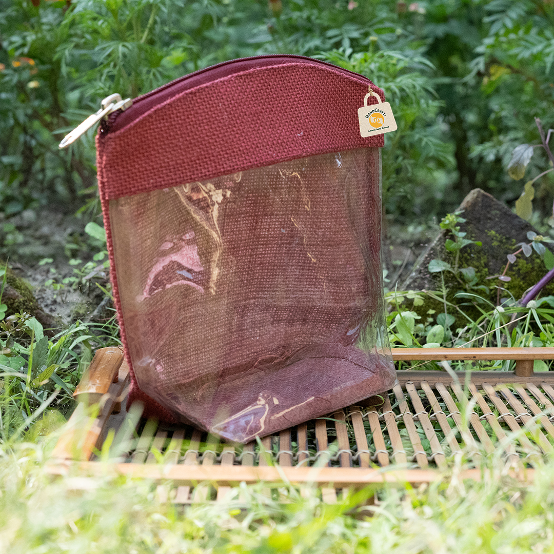 Maroon jute gift bag with a curved zip top, short handle and a clear front window