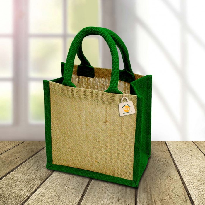 Natural jute bag with green handles and side panels