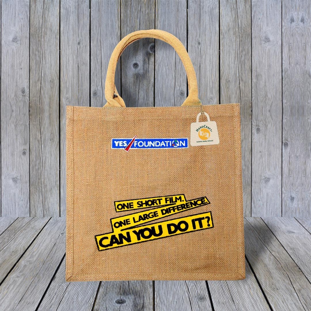 Screen-printed jute bag showing ink coverage on the weave