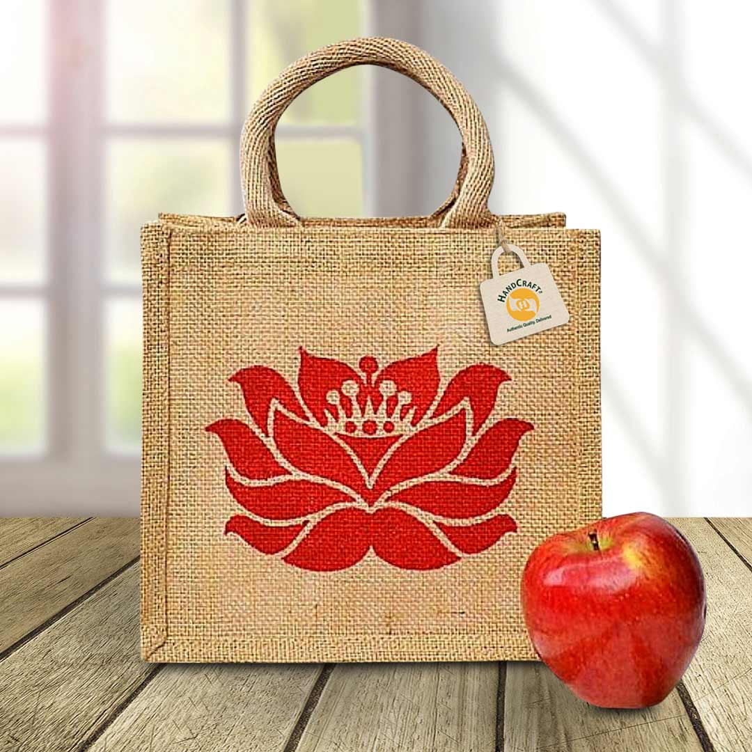 Small bag with a red lotus print and short rounded handles.