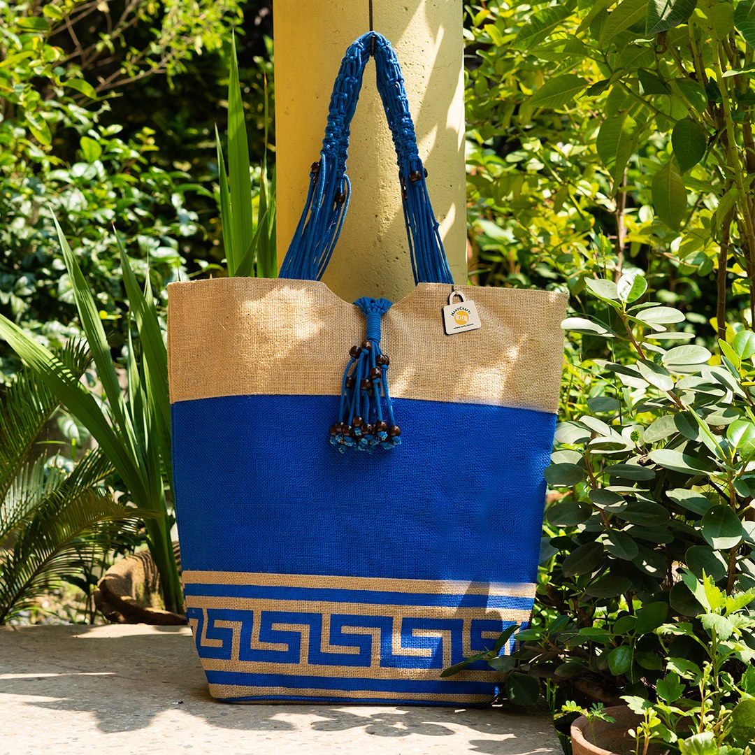 Outside of a blue patterned bag.