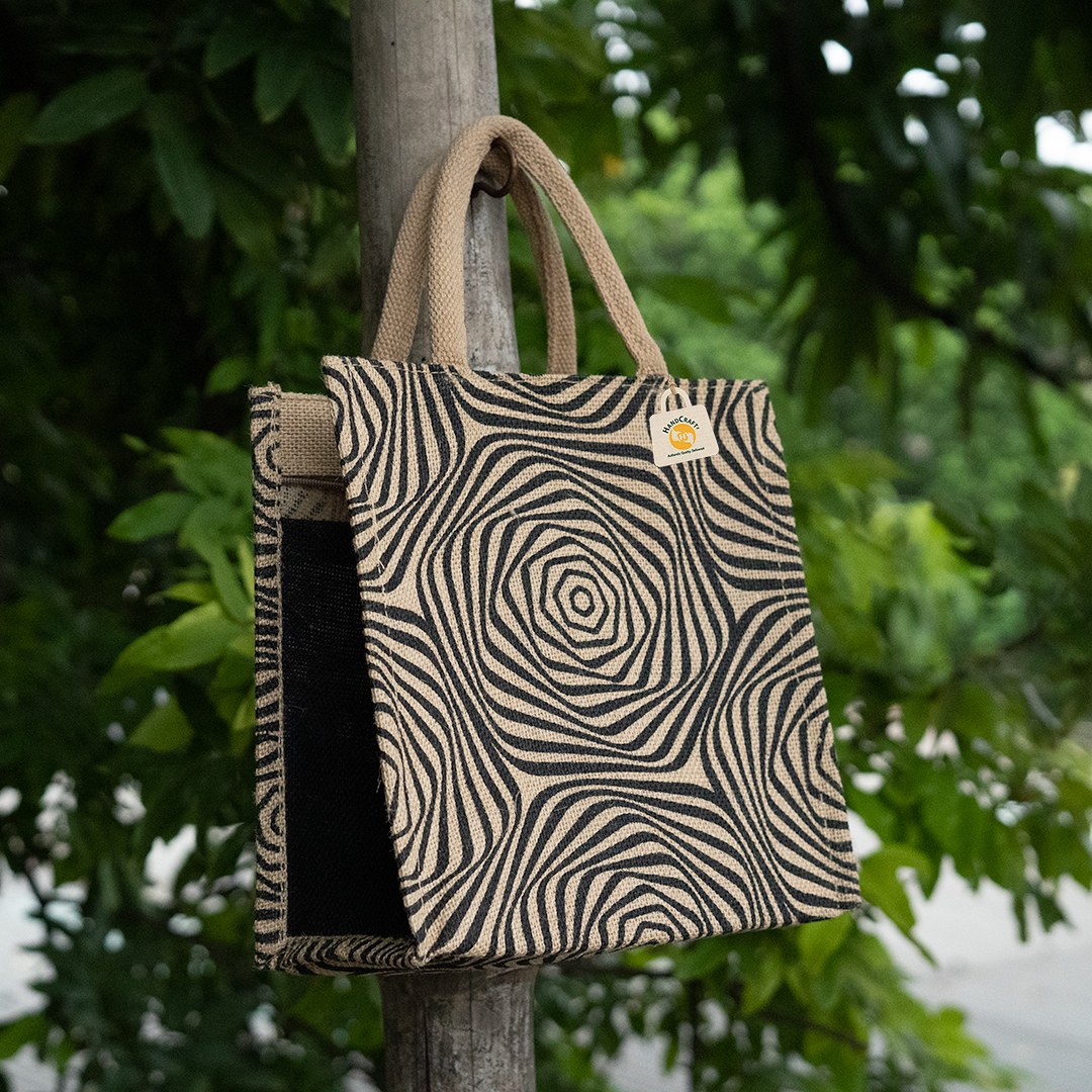 Bag with a black and white zebra-style pattern.